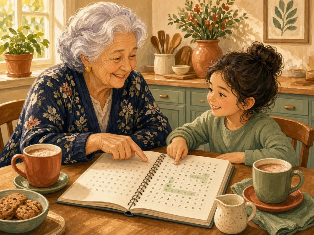 Illustration of a grandmother and grandchild solving a word search together at the kitchen table