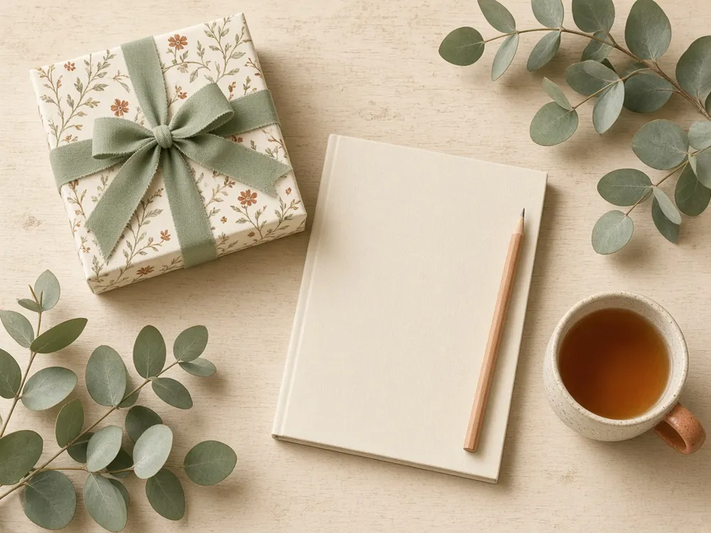 A wrapped gift with a green ribbon next to a book, a pencil and a cup of tea