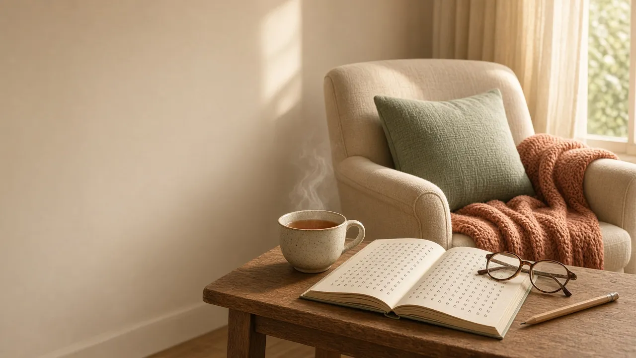 A cozy armchair by the window with an open large-print puzzle book, a cup of tea and reading glasses