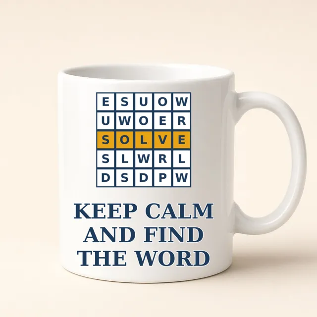 Keep Calm and Find the Word design shown on a mug