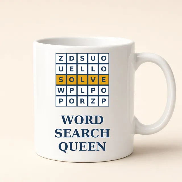 Word Search Queen design shown on a mug
