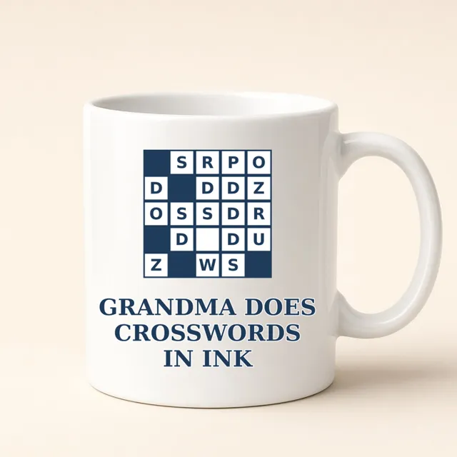 Grandma Does Crosswords in Ink design shown on a mug