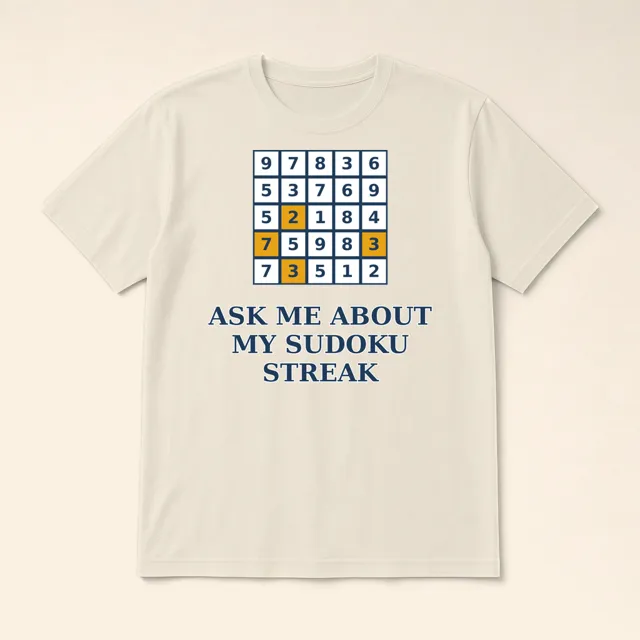 Ask Me About My Sudoku Streak design shown on a t-shirt